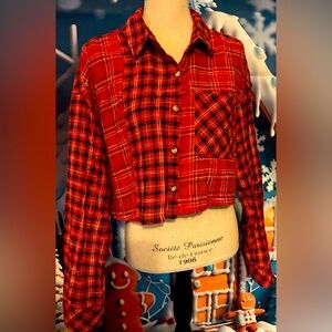 NWT Bronx Girls vintage shirt in flannel red plaid but cropped 24” ptp about 0X